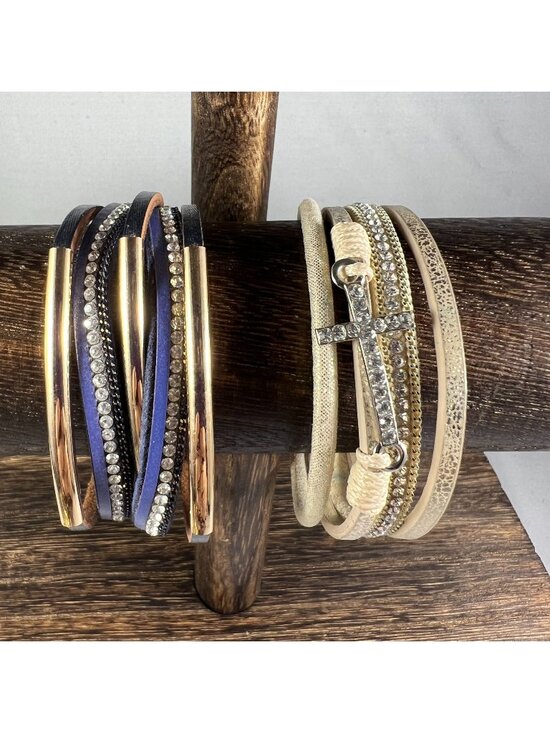 None Jewelry - Gold & Silver Crystal Wrap Bracelets Set With Cross & Bar Accents Adjustable Fit